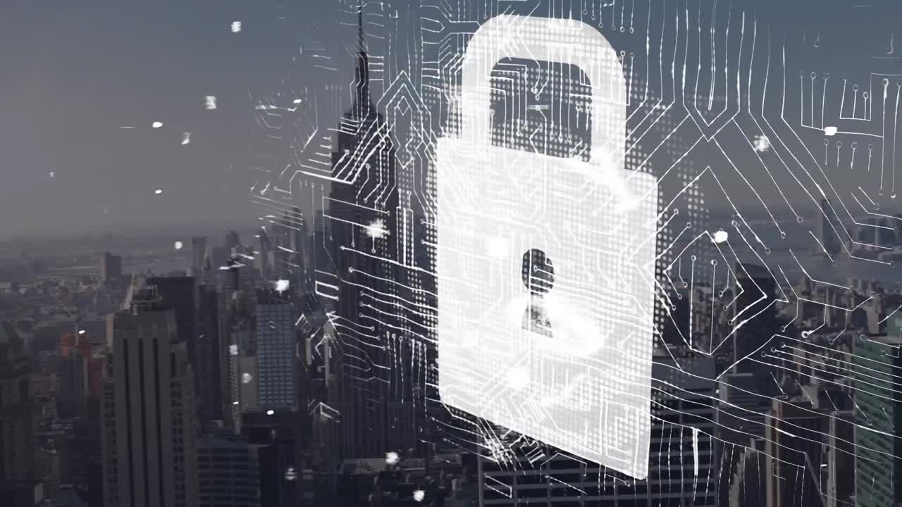 animación de un candado digital sobre el paisaje urbano