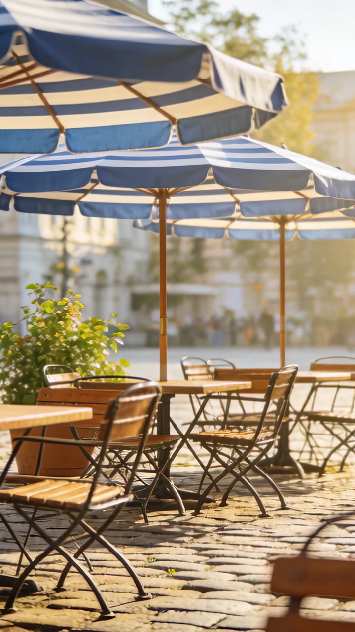 Vertical video: Panning camera capturing warm late sunlight on cafe terrace with striped umbrellas