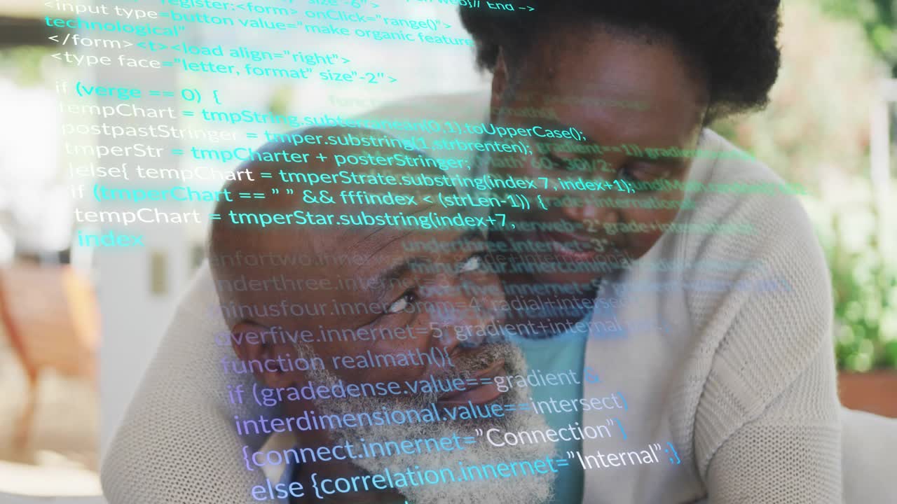 man receiving hands on shoulders from woman while sharing moment, tech code overlay streaming patio
