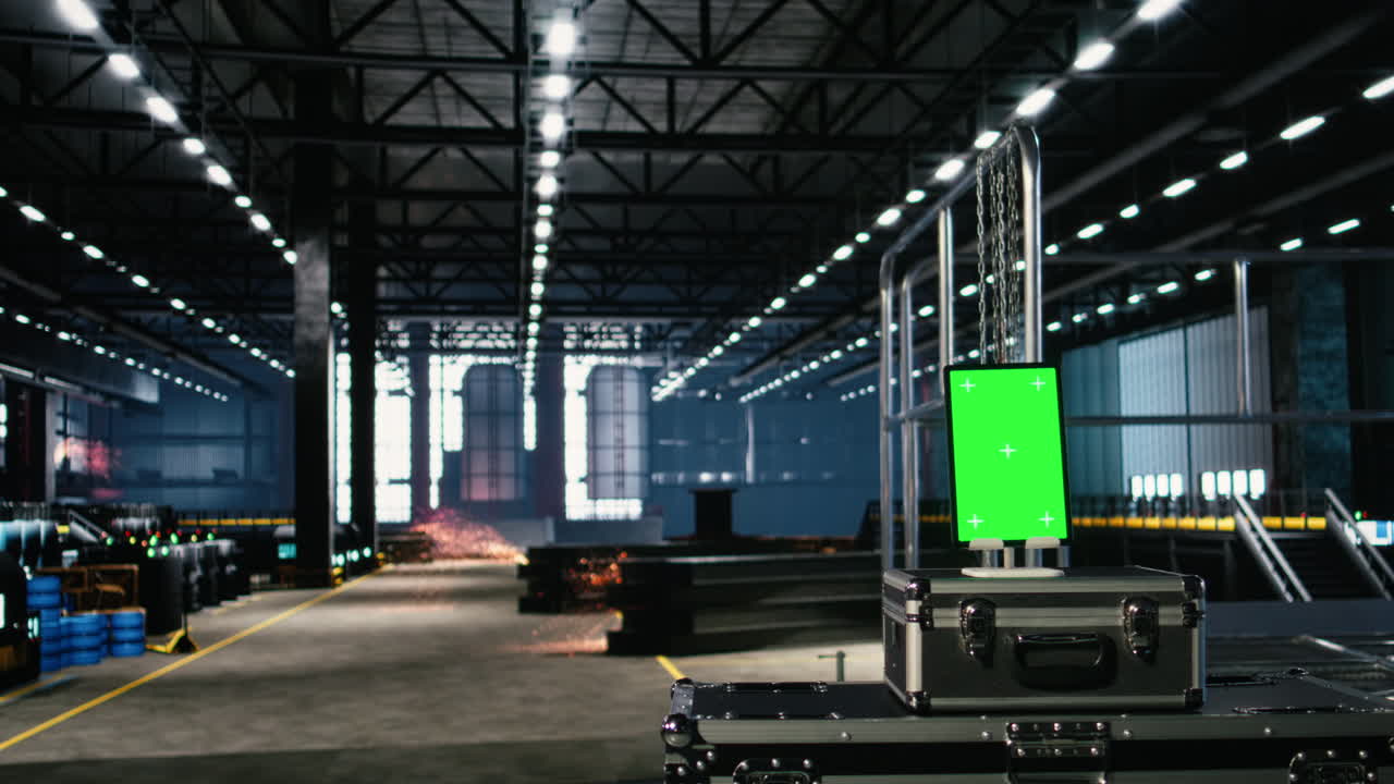 Vertical green screen in a heavy industry factory features metallic pipes