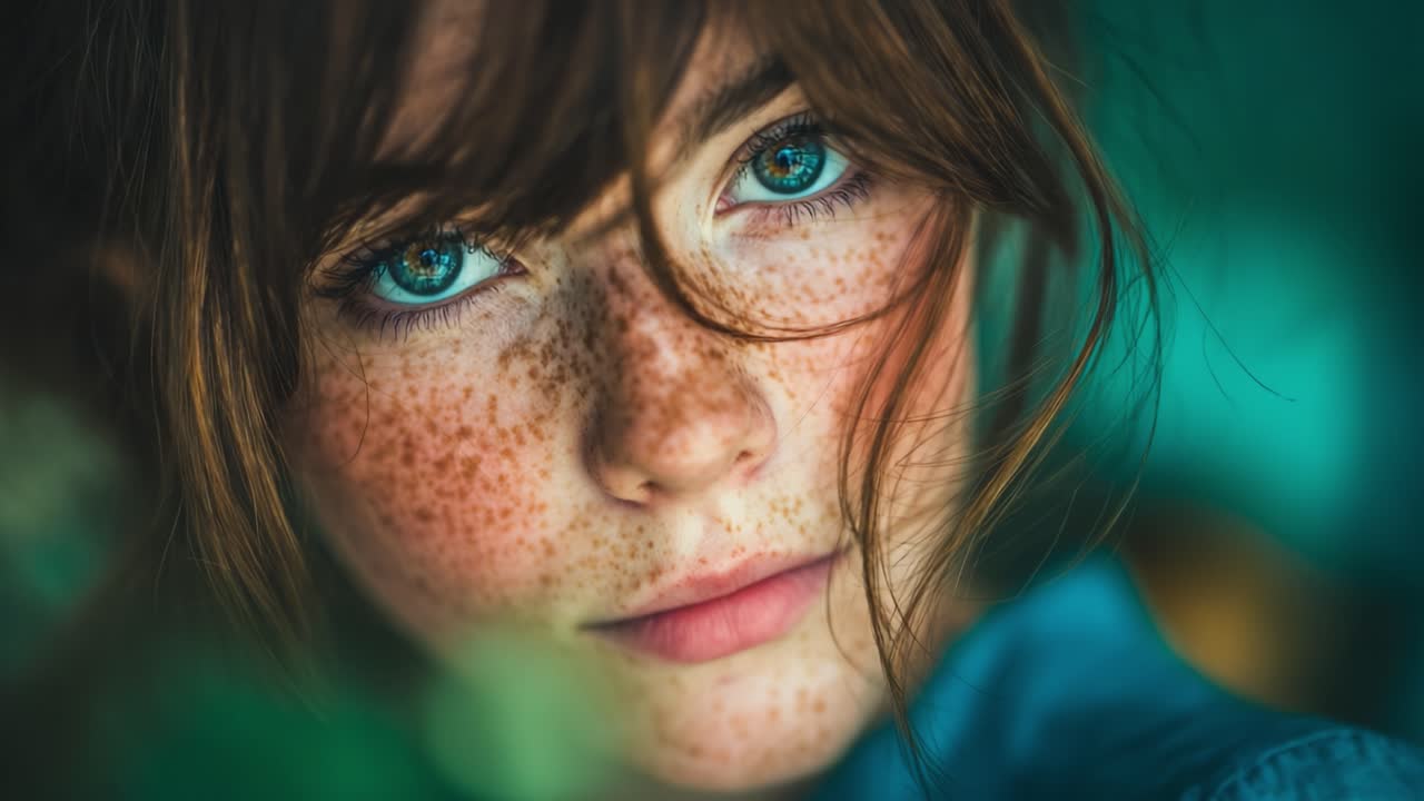 Captivating Close-Up of a Young Woman with Striking Blue Eyes and Freckles, Highlighting Expressive Features and Natural Beauty in an Intimate Portrait Setting