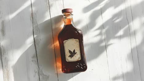 Bottle-Of-Pure-Maple-Syrup-With-Vintage-Label-On-Wooden-Table