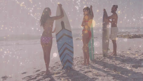 three surfers standing on beach holding surfboards, showing health data using animated wave chart