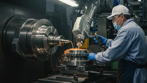 precision machining process: operator engaged in metalworking with advanced robotic arm and lathe machine in a modern manufacturing environment