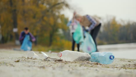 active people clean the shore of garbage in the foreground are discarded plastic bottles caring for