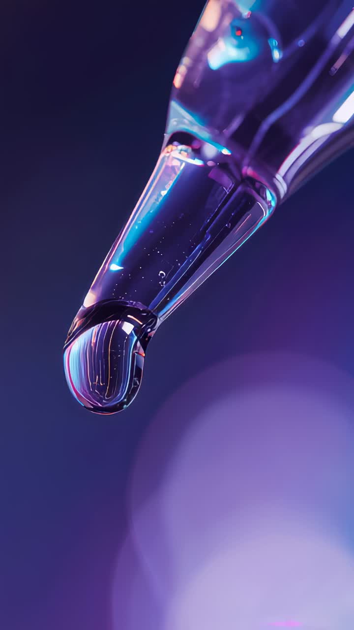 Vertical video: Pipette tip releasing clear droplet in lab, gravity pulling neck, purple blue bokeh