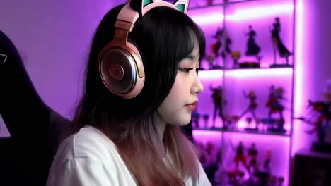 chica gamer en una sala de juegos con auriculares y figuras de anime