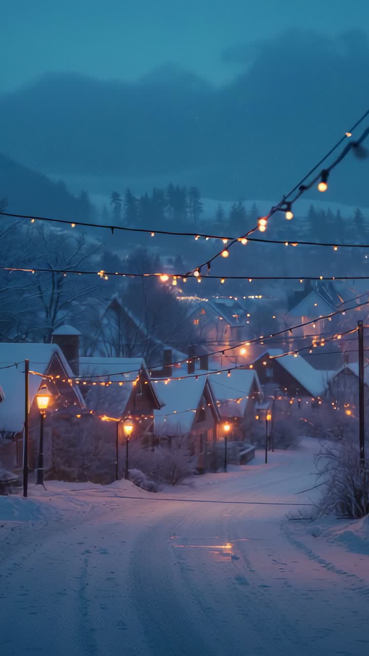 Vertical video: Dusk settling string lights twinkling over snowy road with lamps, casting calm glow