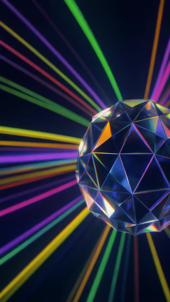 Sfera di cristallo geometrica astratta che riflette raggi di luce laser colorati