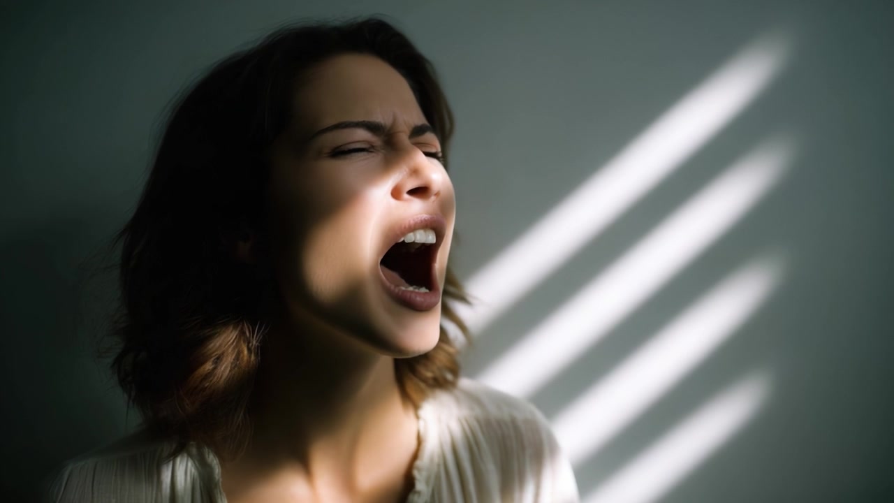 A woman passionately expressing her emotions, caught in a moment of intense screaming, illuminated by striking sunlight filtering through nearby blinds.
