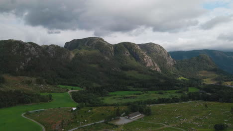 Mountainous-countryside-scenery-in-Rogaland-county,-Norway,-aerial-view