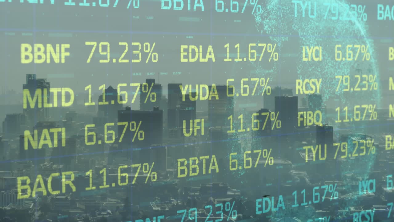 Animation of financial data processing over cityscape