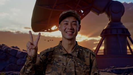 close up of asian man soldier smiling and showing peace gesture to camera while standing with satellite dish