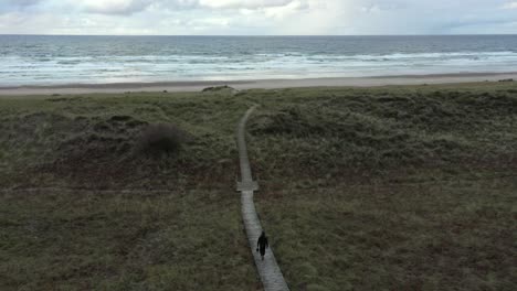 tiro de establecimiento, un hombre camina a través de las dunas en un camino de madera a la playa