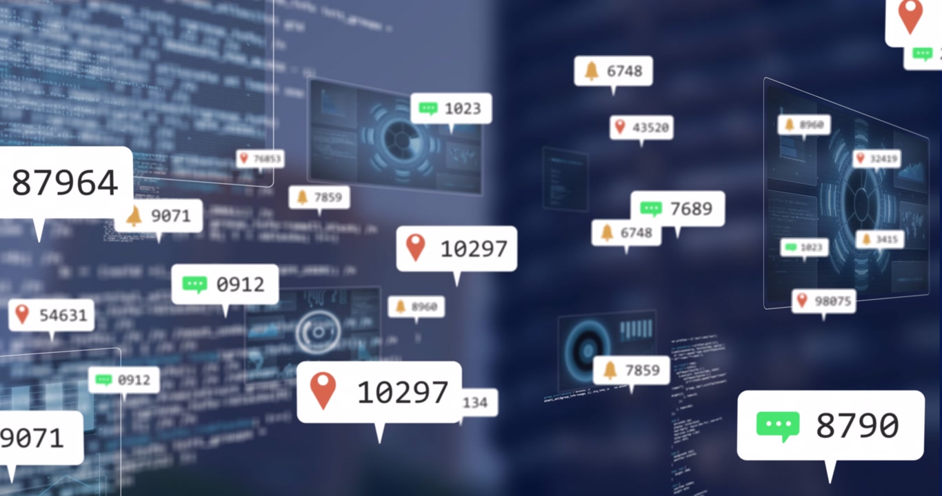 Animation of multiple social media icons and data processing against tall buildings