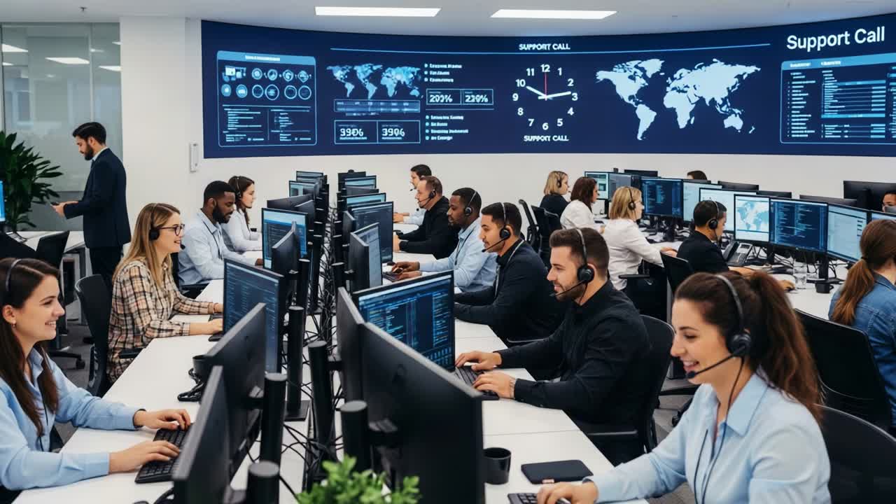 A Busy Call Center Team Engaged in Support Activities, Demonstrating Structured Coordination and Communication Techniques for Effective Customer Service and Problem Resolution Across Various Digital Platforms