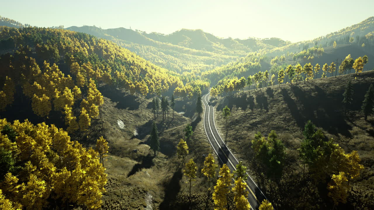 Vibrant autumn landscape showcasing winding railway amidst golden trees