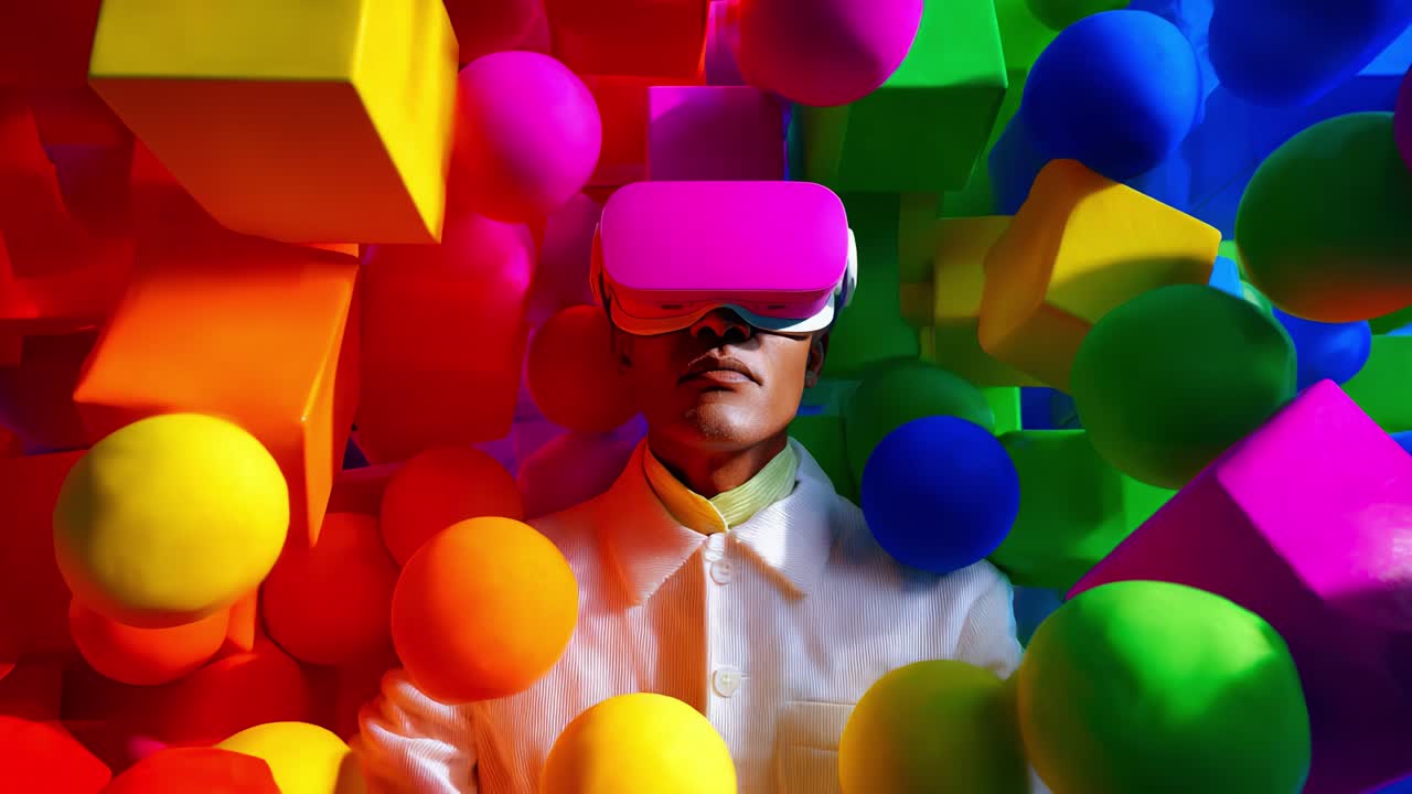 Exploring Virtual Reality: A Dedicated User Engages with a Kaleidoscopic Environment of Vibrant Shapes and Colors While Immersed in Expansive Digital Landscapes