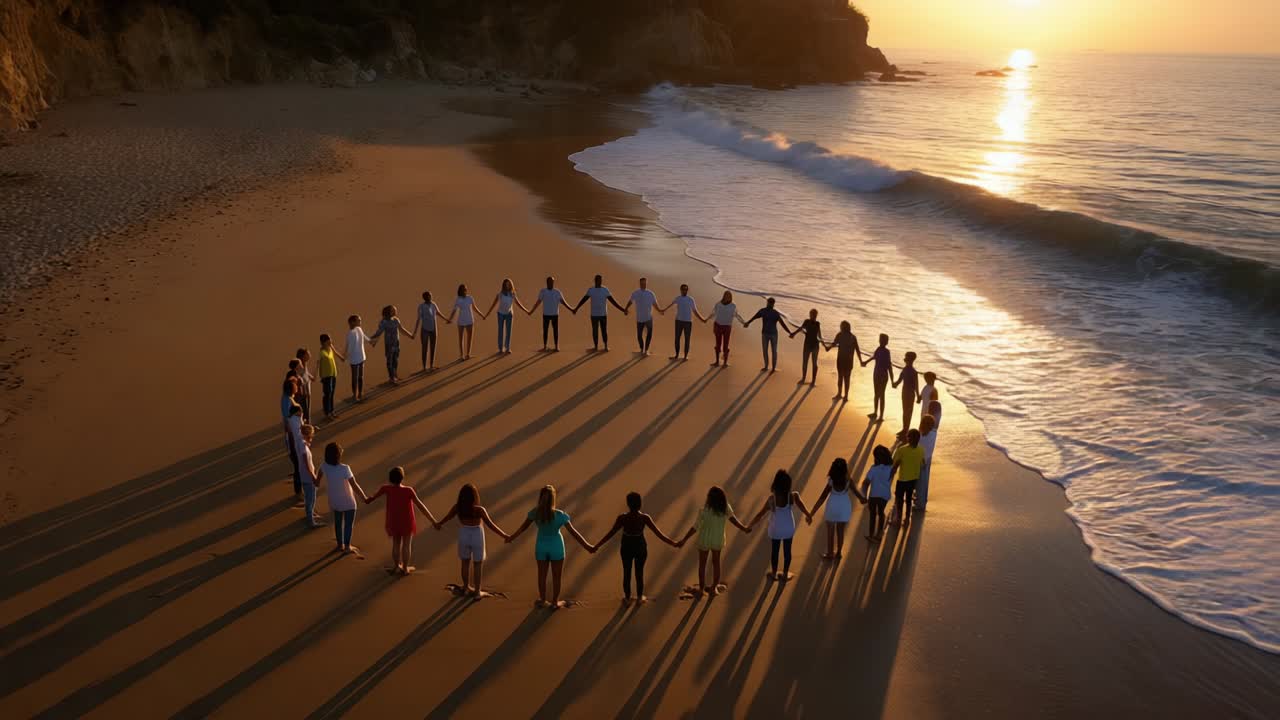 People Holding Hands in a Circle on the Beach at Sunset