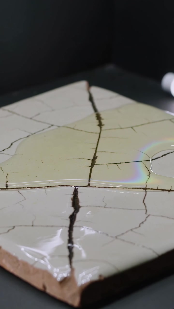 Video verticale: Telecamera che si allontana mostrando una piastrella crepata su un tavolo ad angolo, con un tubo LED che crea un effetto arcobaleno.
