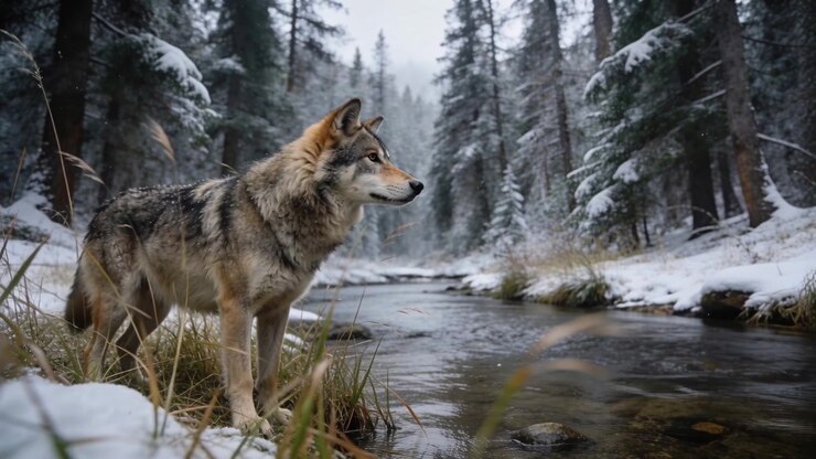 Lobo gris adulto olfateando el aire, bajando la cabeza y girando la mirada hacia la orilla del río con un arroyo, con espacio para texto.