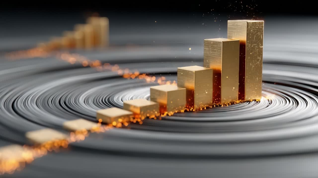 Golden histogram representing business growth and financial success, with glowing particles tracing a path of progress on a dark, concentric background, symbolizing investment and increasing profit