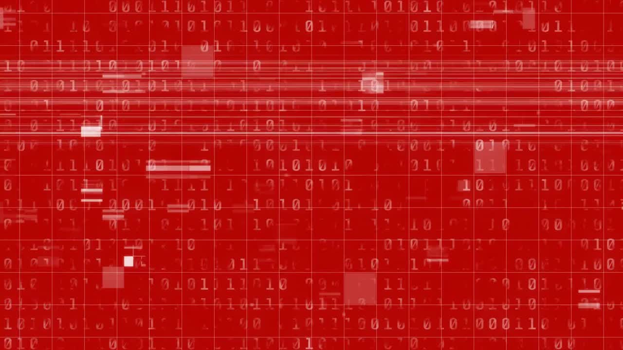 Animation of glitch effect over binary coding data processing against red background