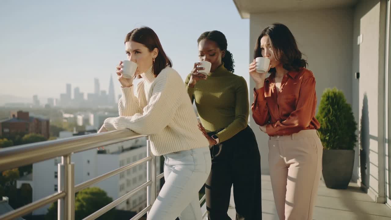 Sipping, sunlight warming faces, three women in smart casual on balcony railing holding white mugs