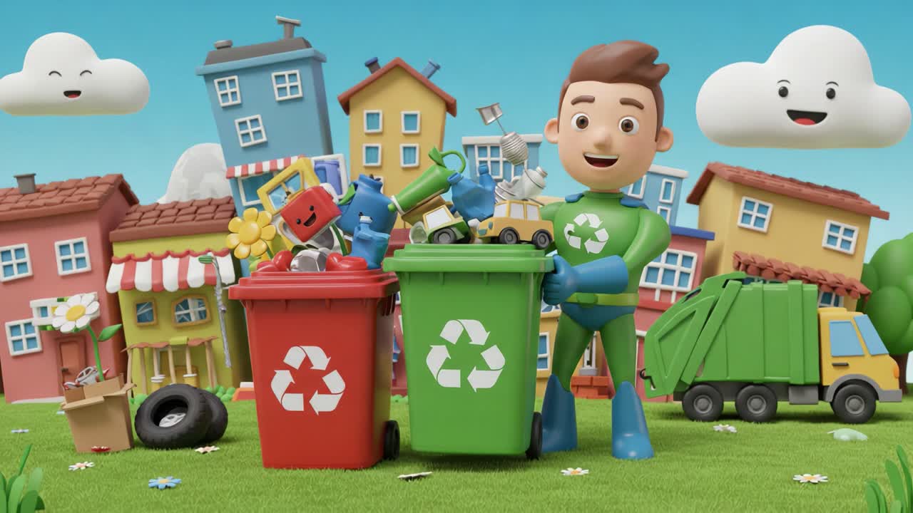 A cheerful animated character promoting recycling as he organizes waste into green and red bins surrounded by colorful houses and a bright blue sky filled with clouds