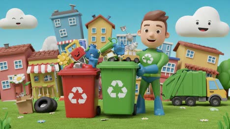 a cheerful animated character promoting recycling as he organizes waste into green and red bins surrounded by colorful houses and a bright blue sky filled with clouds