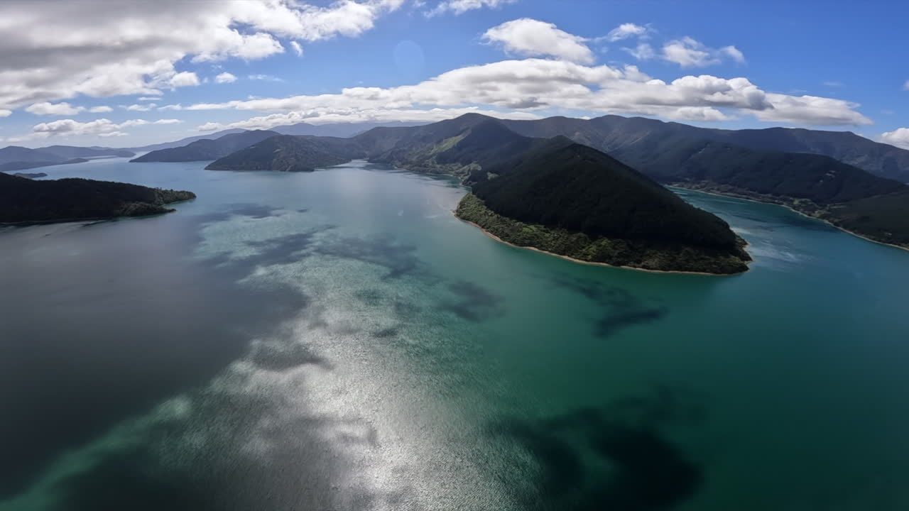 Aerial shot flying over the Marlborough sounds, near Yncyca Bay New Zealand