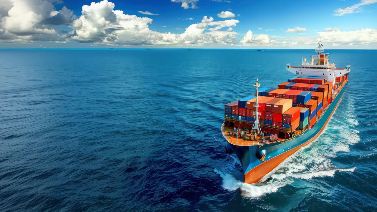 Aerial view of a cargo ship navigating through the ocean under a bright sky, showcasing global
