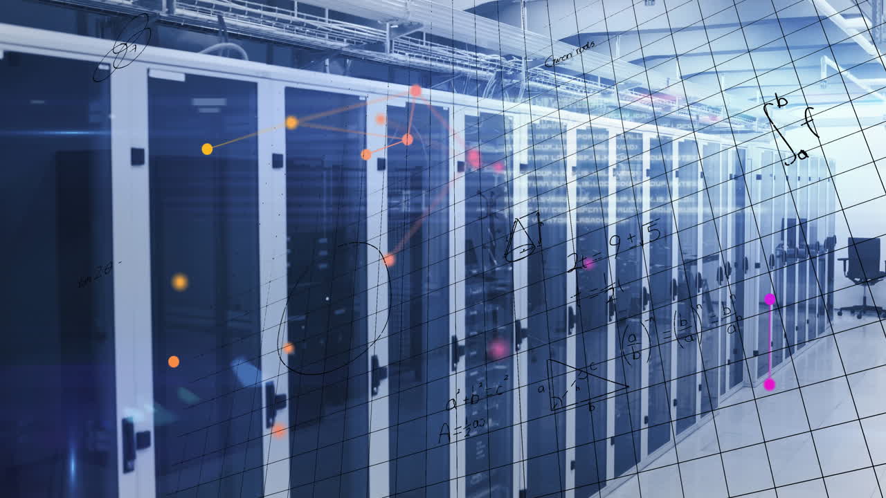 Animation of data processing and mathematical equations over server room