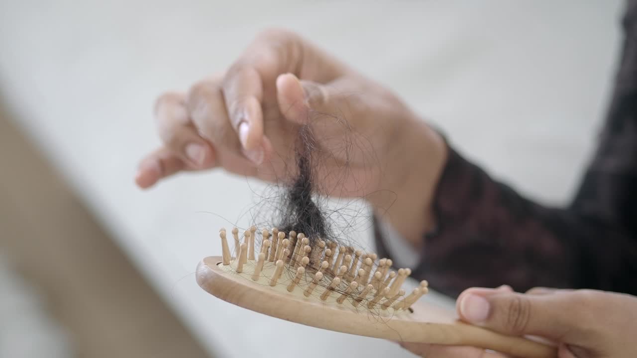 헤어 브러시에서 빠진 머리카락을 제거하는 손.