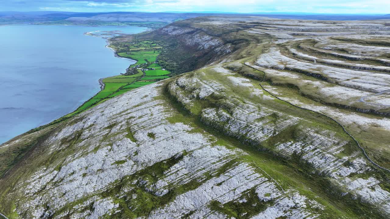 ireland Epic Locations drone dramatic landscape of The Burren Clare Ireland terraced Rocky Mountain overlooking Galway Bay Wild Atlantic Way