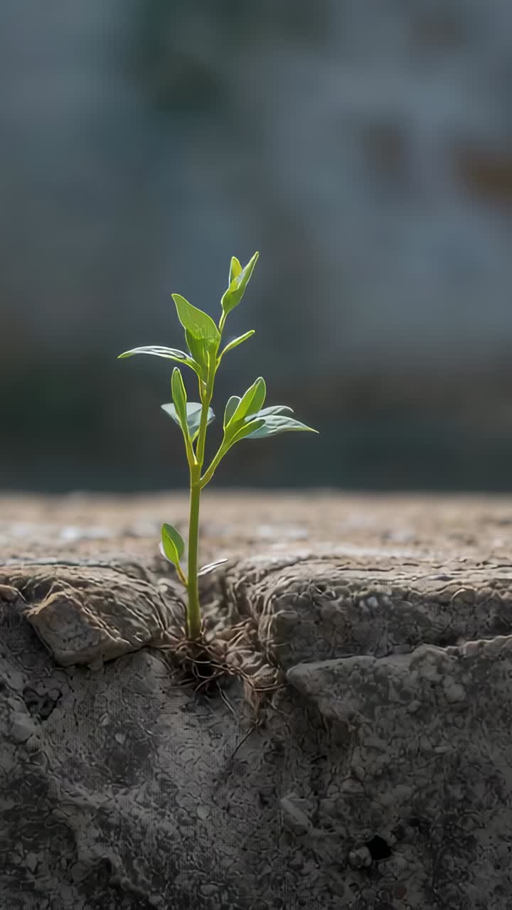 Vertical video: Growing sprout reacting to light, opening leaves on stone ledge with roots in crack