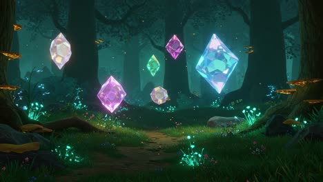 a mystical forest scene with glowing crystals: a journey through enchantment and wonder in a luminous woodland full of magical energy and fantastical flora