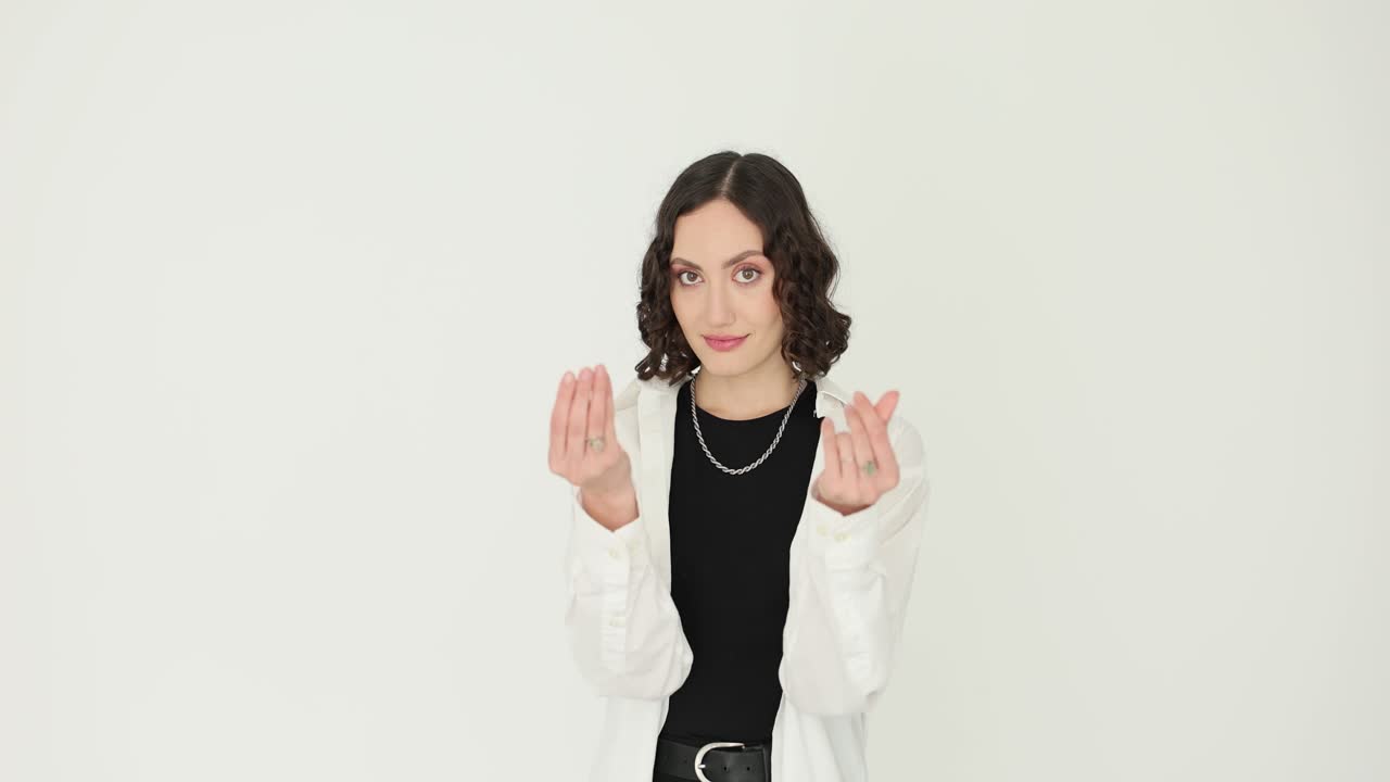 Young Woman Making Hand Gestures on White Background