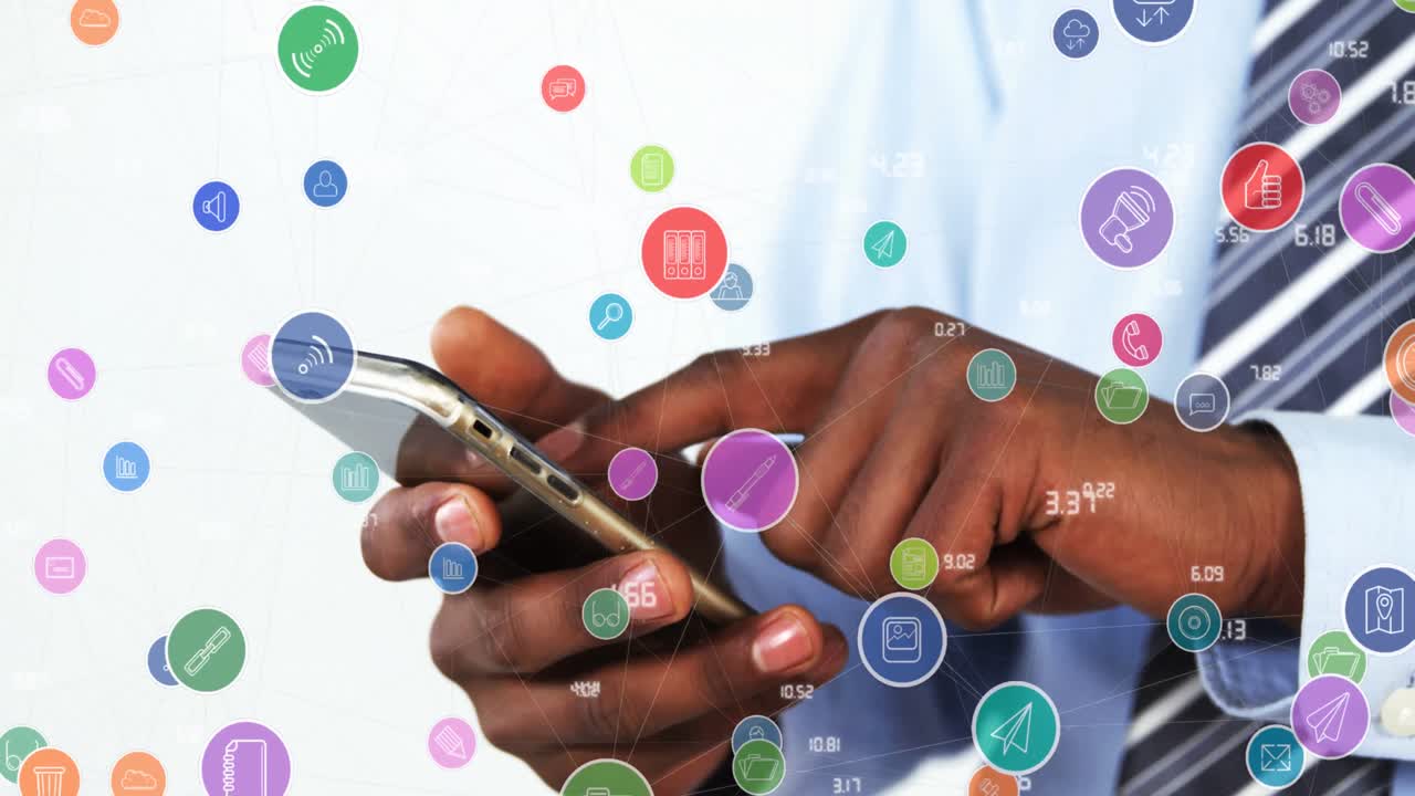 Animation of network of connections with icons over man using smartphone
