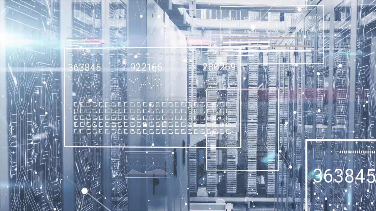 Animation of connected dots and screens with number changing over data server racks