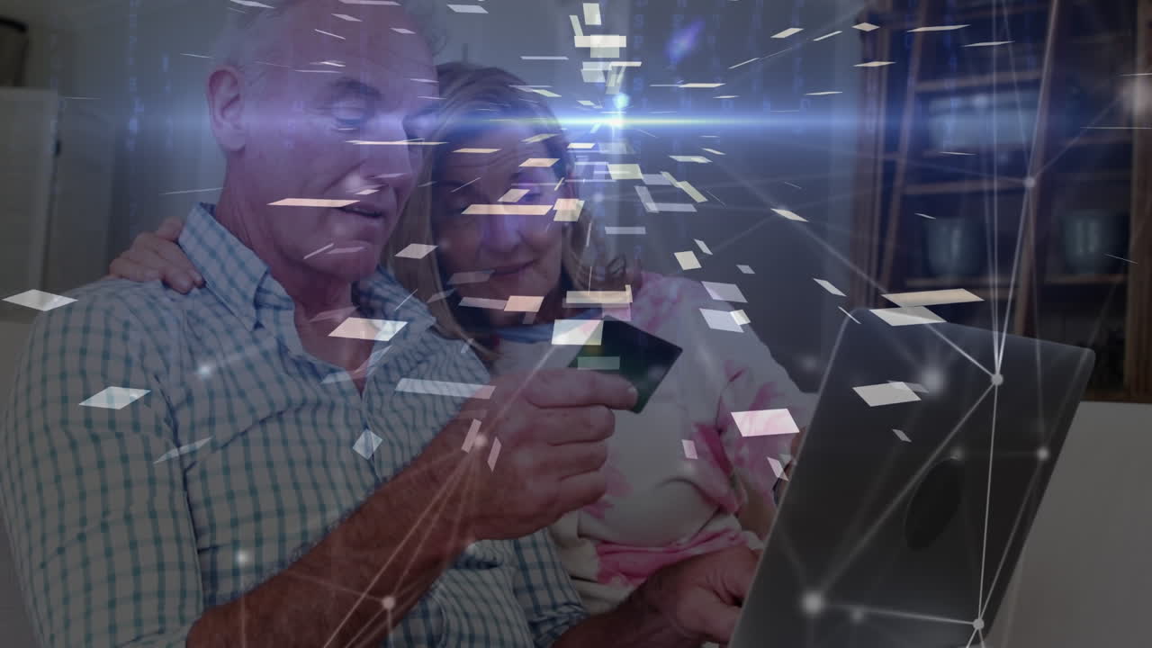 Animation of network of connections over couple paying online using laptop