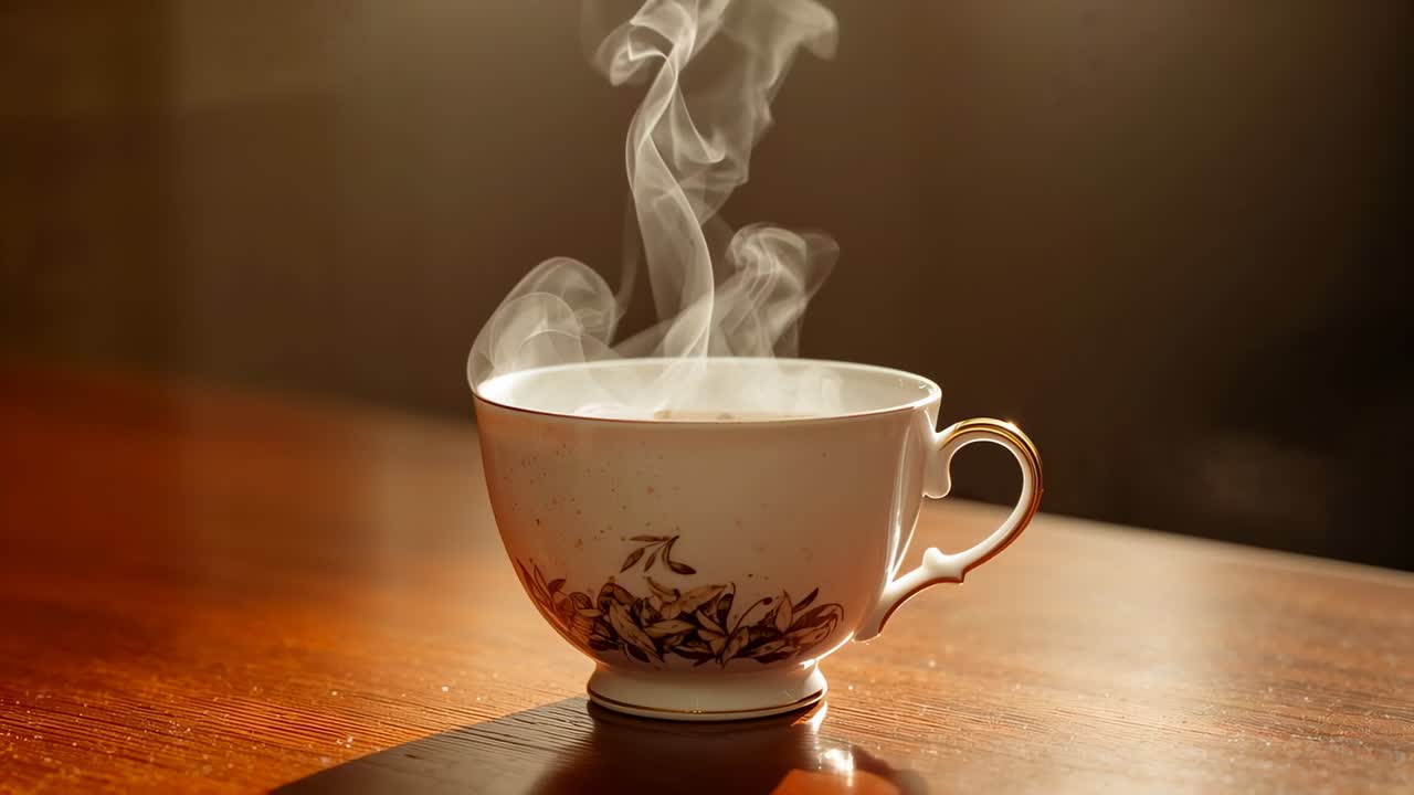 Tazza cinese fumante rilasciata, con liquido caldo su tavolo di legno, motivo floreale, bordo dorato, bagliore