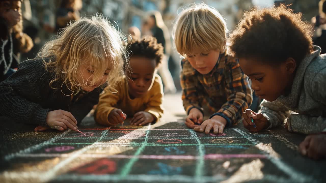 Un gruppo di bambini impegnati nell'arte creativa con i gessetti sul marciapiede in un'atmosfera giocosa, catturando momenti di gioia e immaginazione durante il loro tempo di gioco all'aperto.