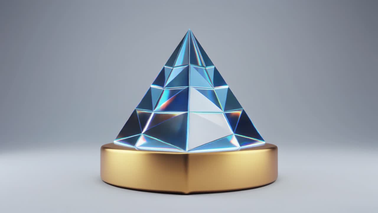 Piramide di cristallo geometrica rotante su un piedistallo dorato
