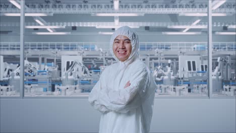 vista lateral de un científico masculino asiático cruzando los brazos y sonriendo en una fábrica de laboratorio moderna con robots automatizados
