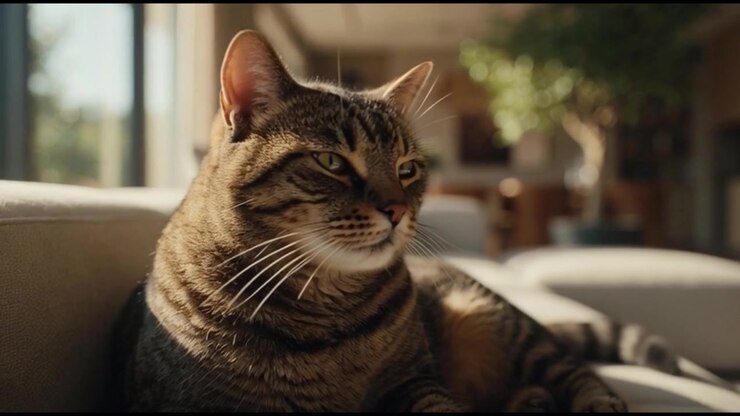 Tabby Cat Resting on a Sofa in a Sunlit Living Room