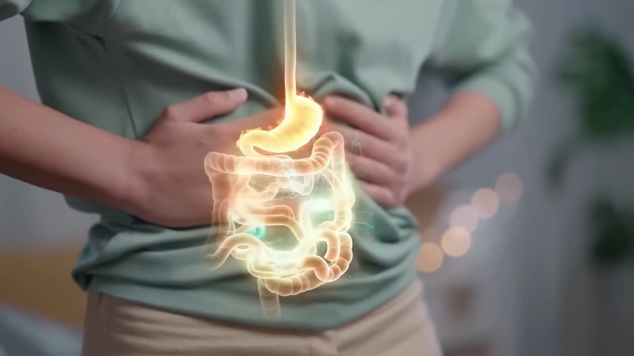 Video ravvicinato che mostra una sovrapposizione luminosa del sistema digestivo su una persona che si tiene lo stomaco.