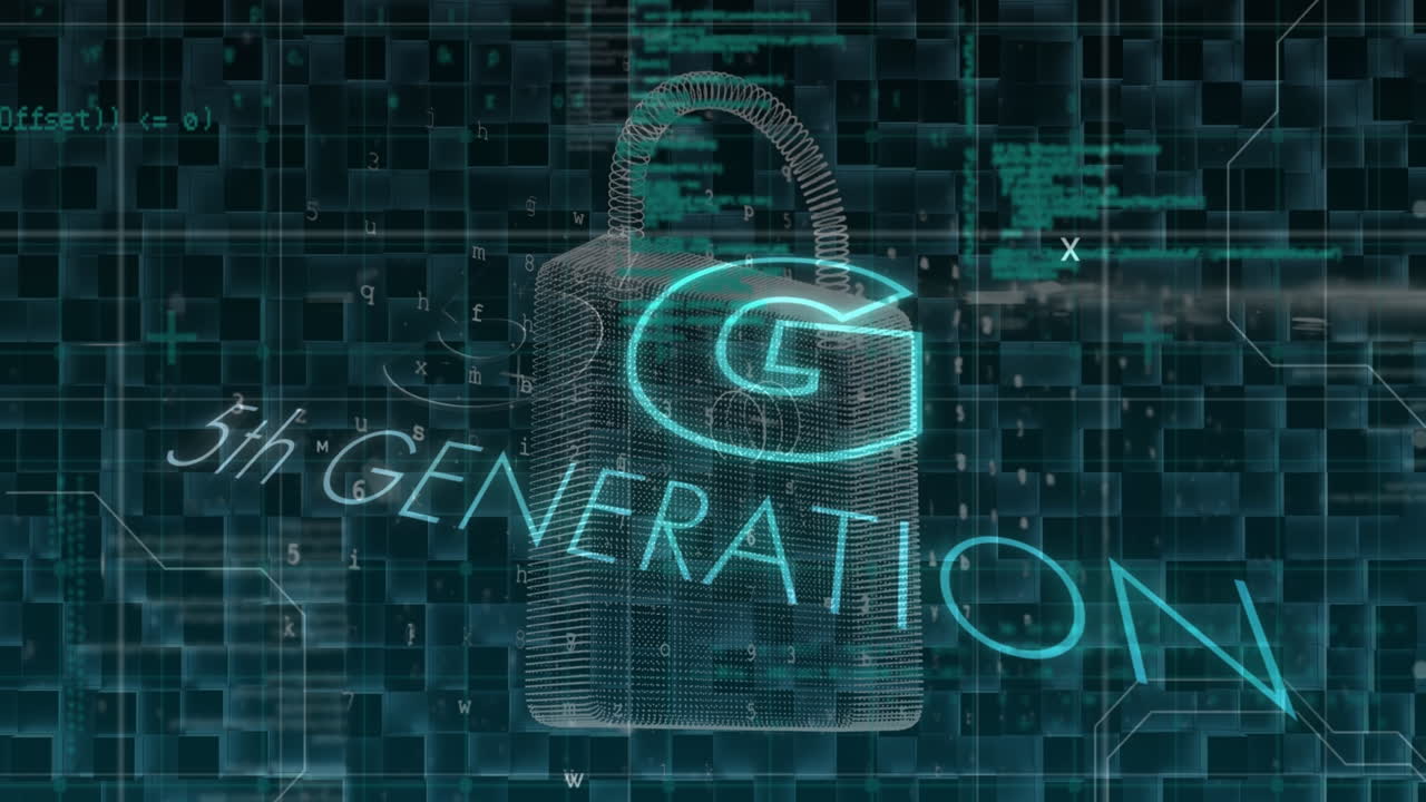 Animation of security padlock over data processing on dark background