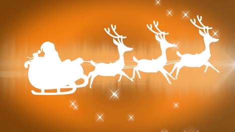 Animation-of-santa-sleigh-over-stars-on-orange-background