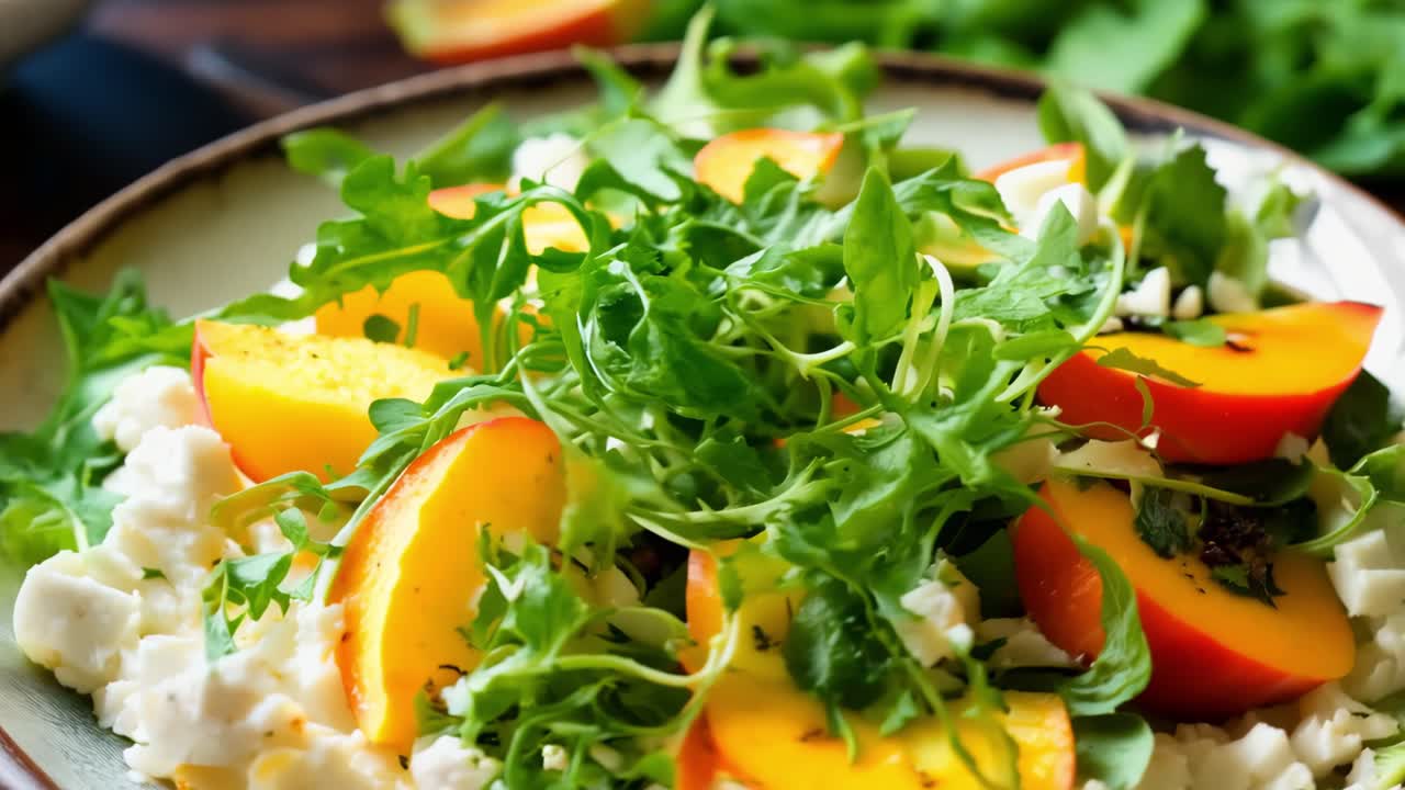 Vibrant summer salad featuring ripe peach slices nestled with peppery arugula and creamy cottage cheese, delivering fresh, nutritious flavors in light, colorful arrangement